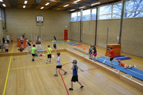Foto met spelende kinderen in de gymzaal