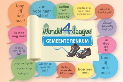 afbeelding met spraak ballonnen als: Loop jij ook mee? Van voor naar achter! Allemaal in het kader van de Wandel4Daagse in de gemeente Renkum.
