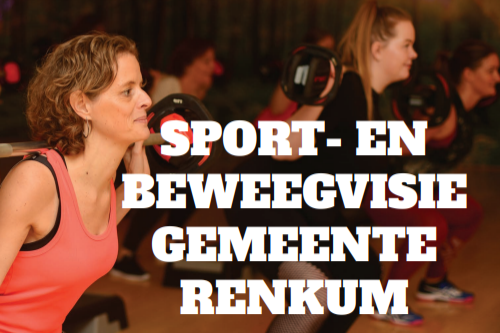 Groep vrouwen met gewichten en de tekst 'sport- en beweegvisie gemeente Renkum'