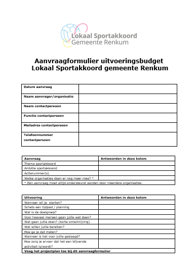 Aanvraag formulier lokaal sportakkoord Gemeente Renkum 